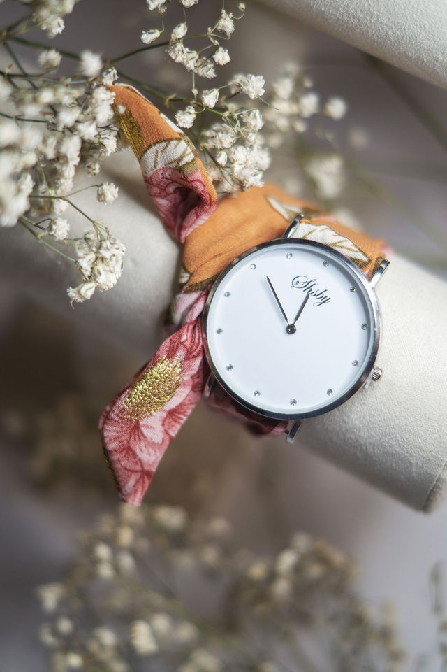 Montre - bracelet tissu orangé/rose