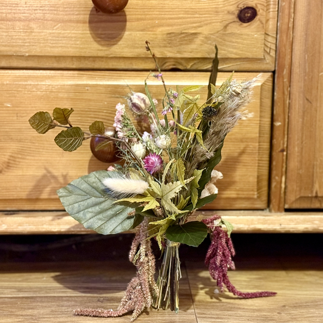 dried and preserved lime greens and pinks bouquet 
