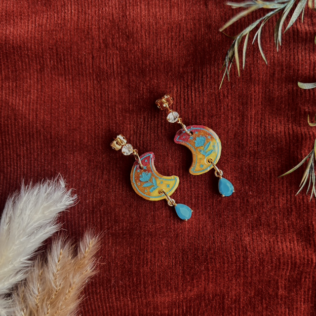 Floral Moon Earrings with Turquoise Detailing 