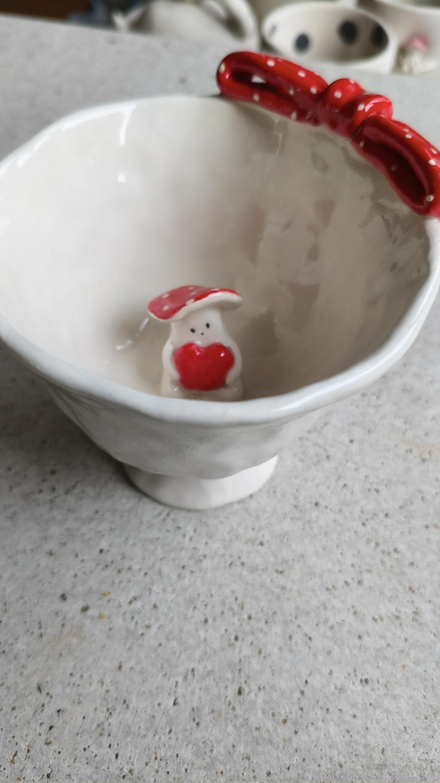 Handcrafted Mushroom ceramic cup with red bow