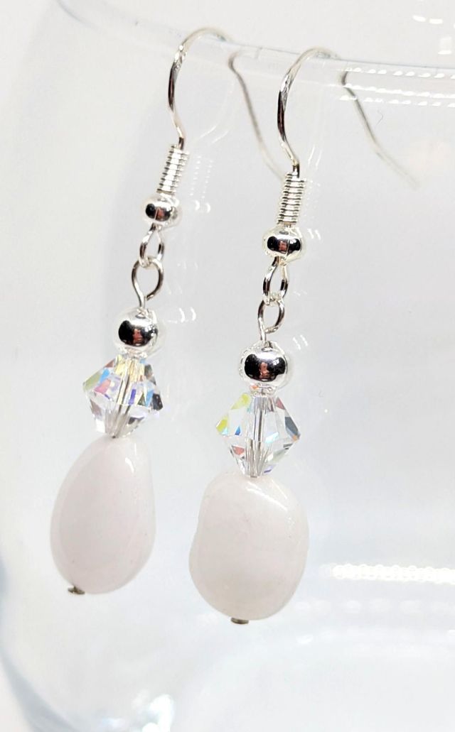 925 Sterling Silver, White Agate &amp; Clear Crystal Earrings 