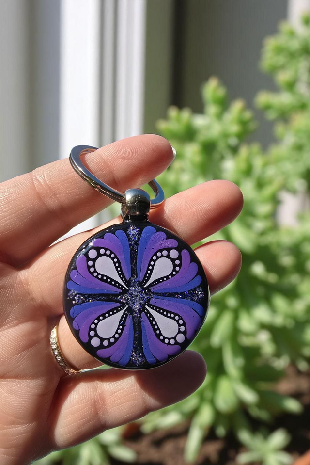 Porte-clés rond mandala peint recto verso mauve et pailleté, mandala pointillisme
