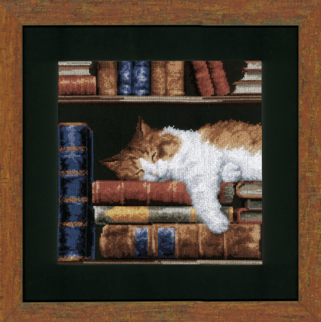 Counted Cross Stitch Kit: Cat Sleeping on Bookshelf by Vervaco. 
