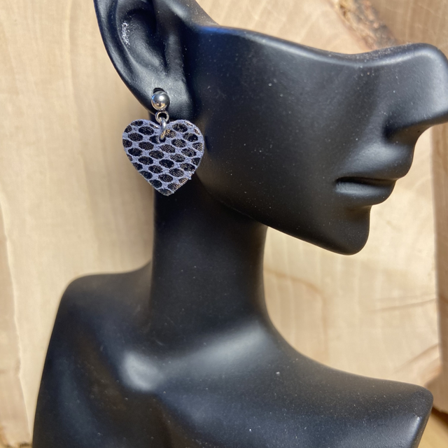 BO coeurs cuir noir, or rose à motifs