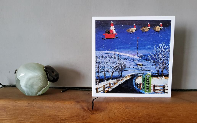 Father Christmas and his flying sheep over Fangdale, Bilsdale. 6x6" christmas card. 