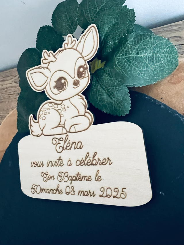 Faire-part Biche/Faon baptême naissance anniversaire en bois.