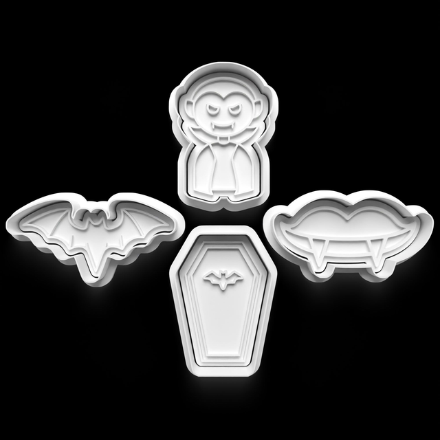 Halloween Vampire Cutter Embosser Set of 4 Cookie Cutters &amp; Stamps Biscuit Mould Debossed