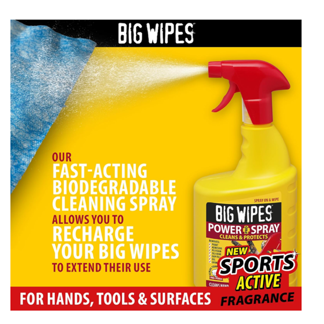 Big Wipes Power Spray 1L, spray de nettoyage spécialisé à action rapide pour les surfaces, les outils et les mains.