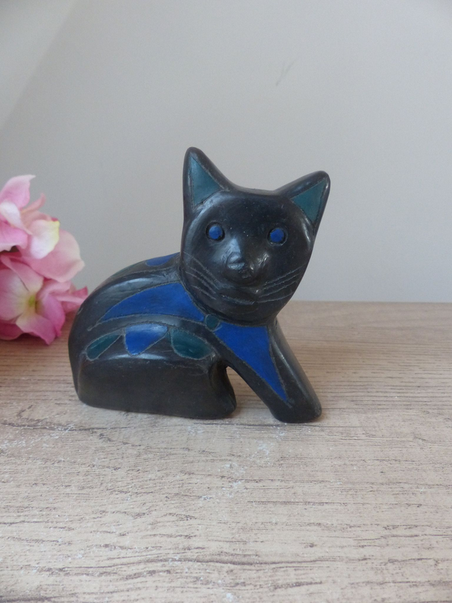 Figurine Chat Mexicain Vintage en Argile Noire et Bleue – Sculpture Artisanale Années 60, Style Manuel Felguérez