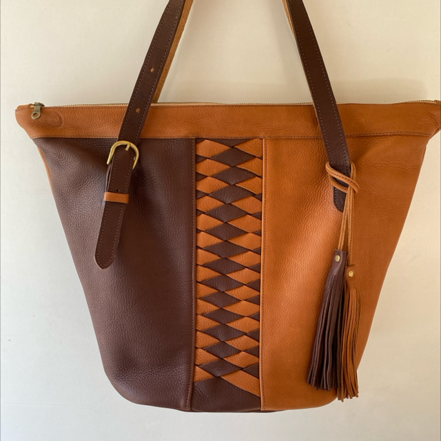 Soft tan and chocolate woven panelled oversize bag
