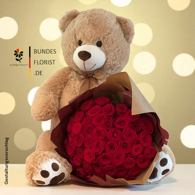 Rote Rosen mit Giant Teddy