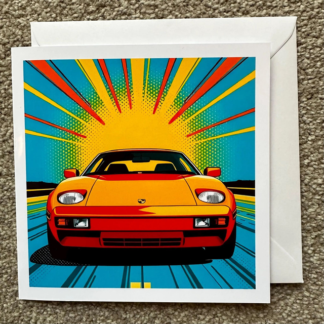 Porsche 928 Retro Pop Art Greeting Card – Car Enthusiast Gift, Bold & Colourful Design for Birthdays, or Any Occasion