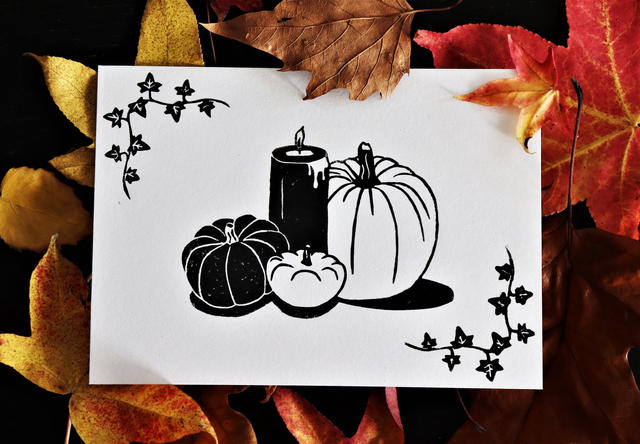 Linogravure A5 Citrouilles (avec ou sans aquarelle)