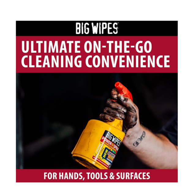 Big Wipes Power Spray 1L, spray de nettoyage spécialisé à action rapide pour les surfaces, les outils et les mains.