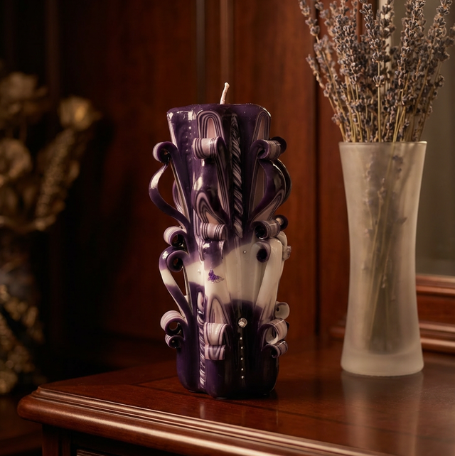 Hand-Carved Pillar Candle – Artisan Decorative Candle - Dark Purple/White JC52