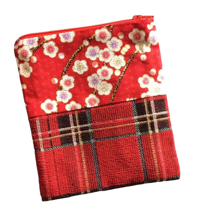 Pochette zippée en Jacquard écossais et tissu Japonais 