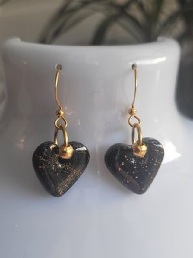 Drop earrings - black heart with gold glitter design