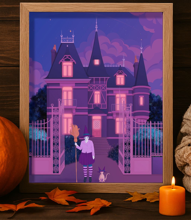 Affiche décorative - Tableau château hanté, sorcière et Halloween - Illustration originale A4 - House 017