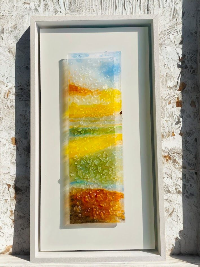 Strandkunst Glaspaneel 12x30 - op wit aluminium 20x40 - in wit houten baklijst 23x34 - Glasschildering met reliëf  (1)