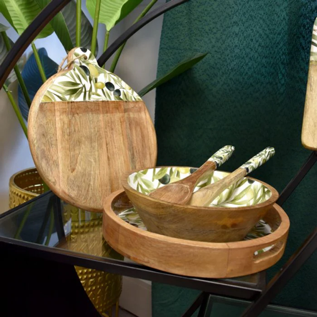 Mango Wood Olive Print Serving Spoon and Fork