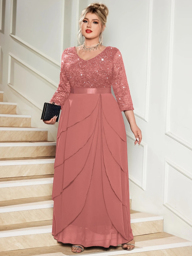 Women Plus Size Elegant V-Neck Sequin &amp; Lace Contrast Ruffle Chiffon Maxi Dress