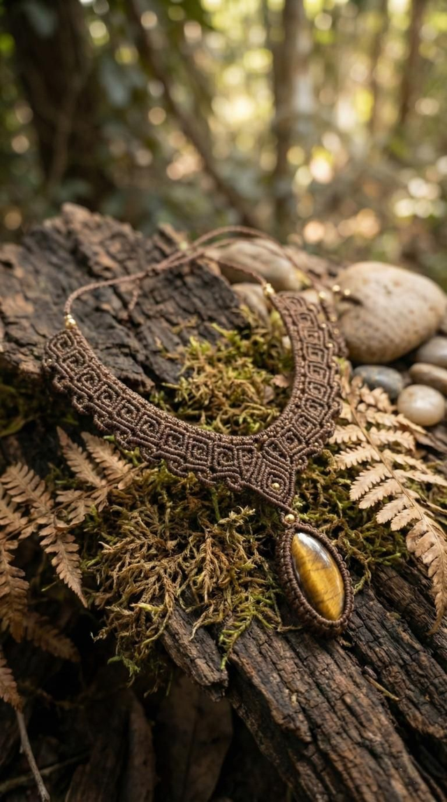 Colar em macramê com olho de tigre 