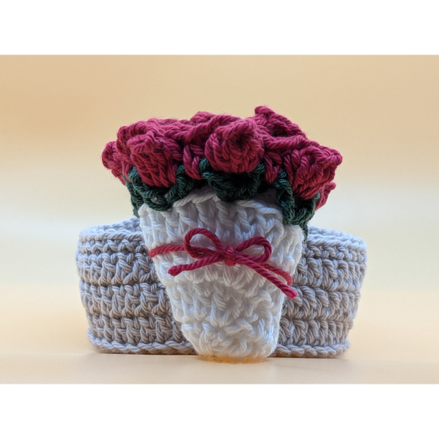 Crocheted Flower Bouquet Coasters set of four in basket