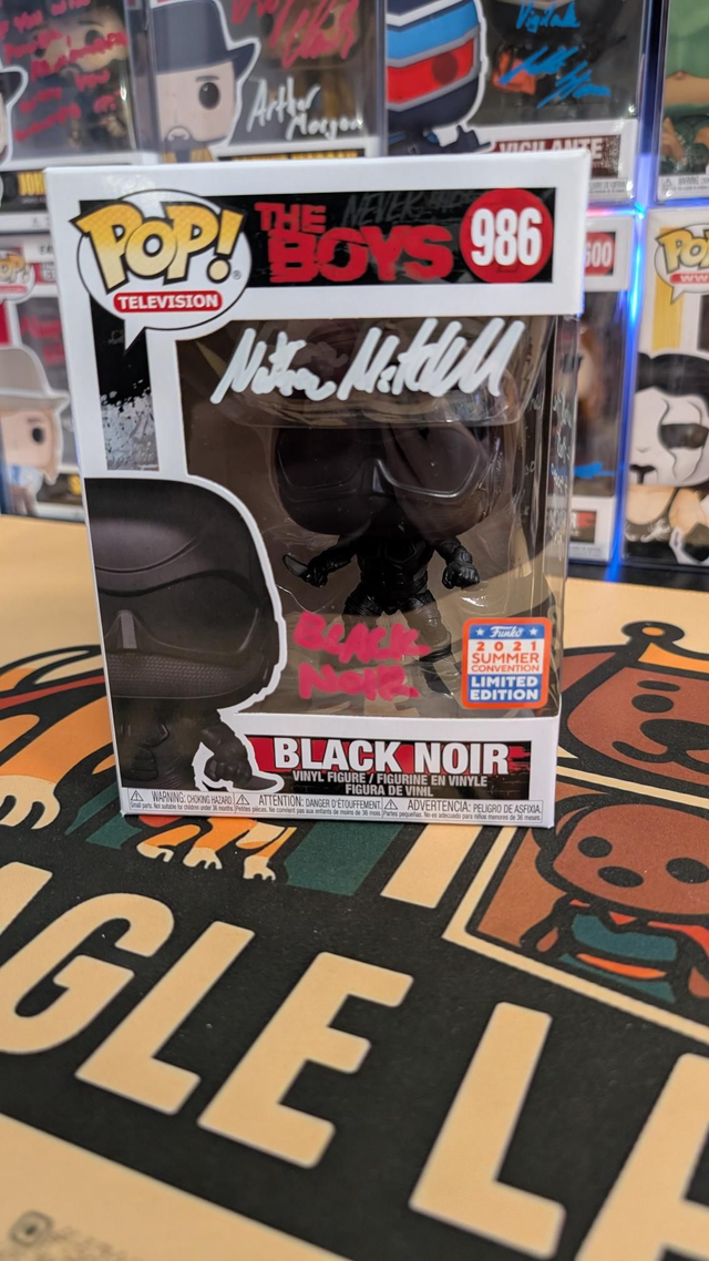 Funko Pop The Boys Black Noir 986 Signed By Nathan Mitchell with SWAU COA