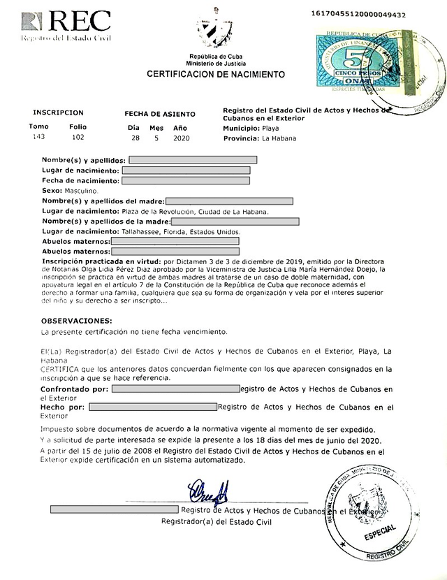 Acte de naissance + verso (Cuba)