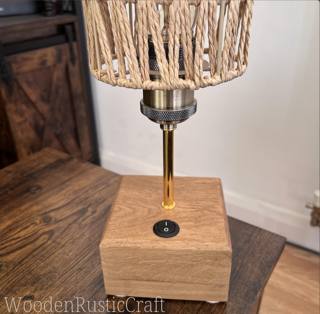 Solid Oak Table Lamp with Woven Cord Shade