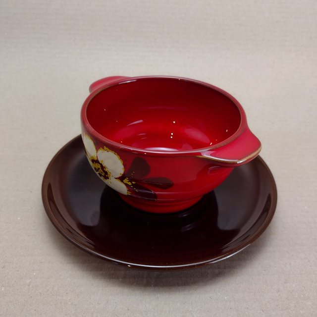 Winterling | Soepkom (diameter 11 hoogte 6 cm) plus Schotel (diameter 17 cm) Rond &#039;Feinkeramik&#039; Witte bloem Rode kleur | Vintage