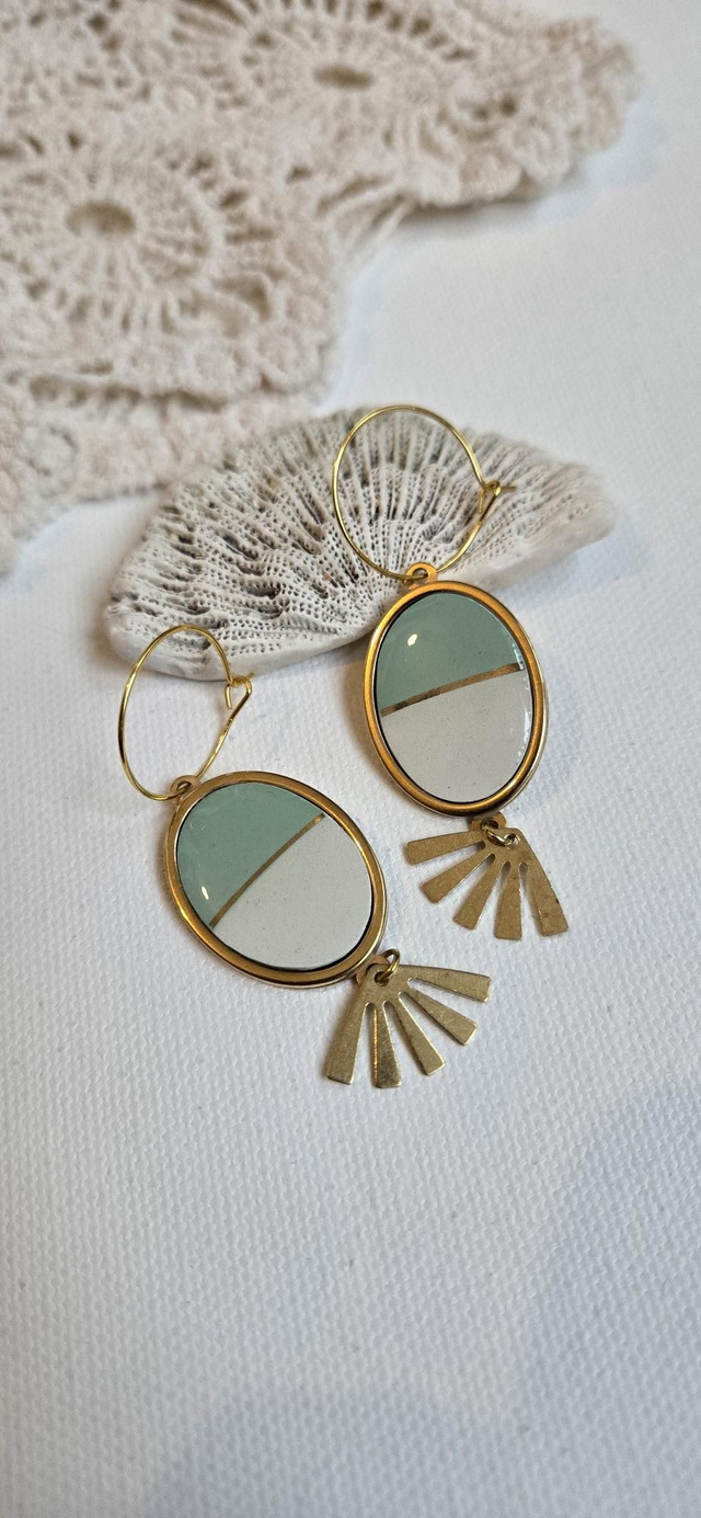 Paire de boucles d'oreilles - porcelaine Badonviller - acier inoxydable doré
