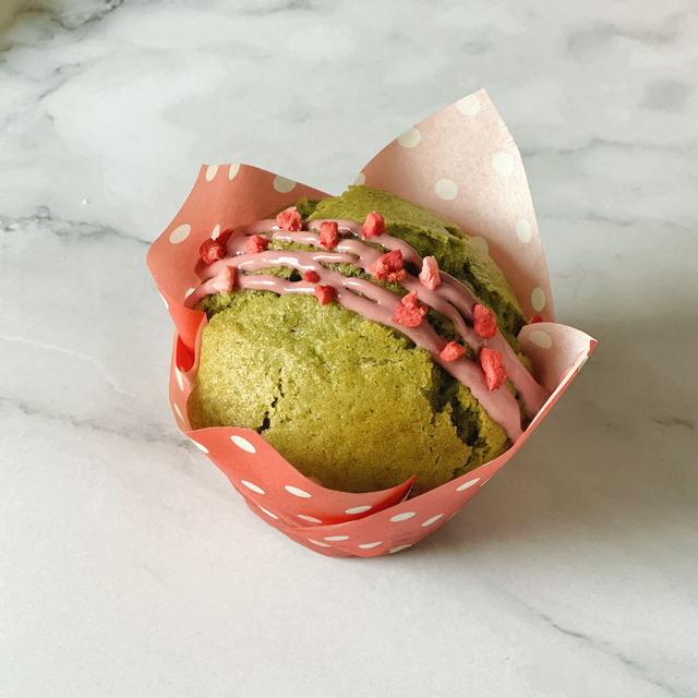 Matcha Muffins with White Chocolate and Ruby Chocolate Drizzle