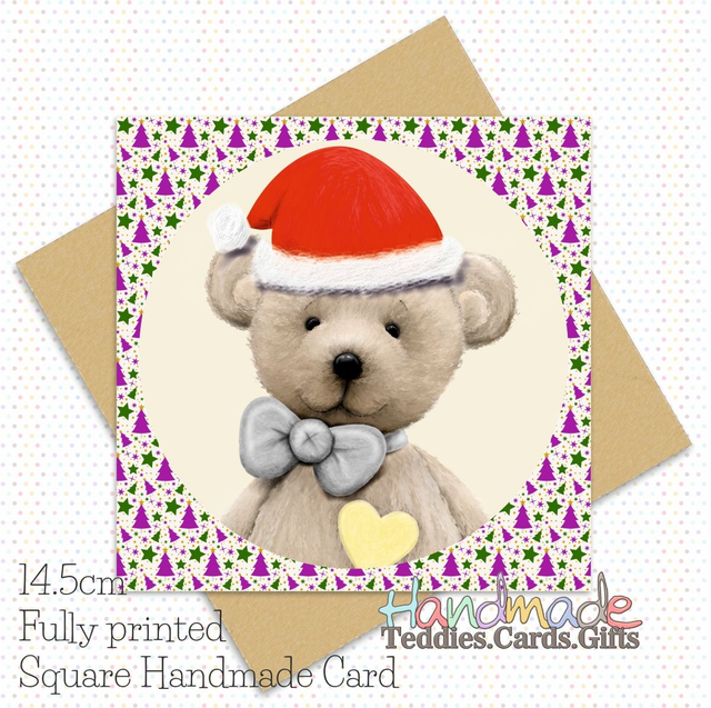 Printed Christmas Teddy Bear Card. 14.5cm square. 350gsm. Fully printed. Blank inside. Purple. Green. Mustard. Christmas trees. Stars. Santa hat.