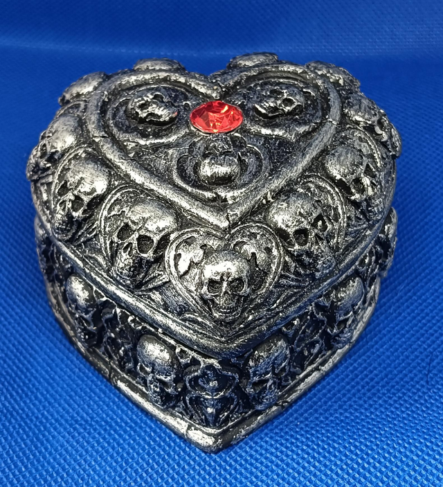 Silver Heart Trinket Box With Skulls.