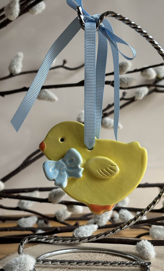 Hanging Chick Ornament - choice of blue or green bow