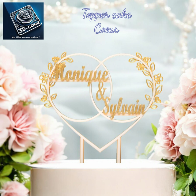 Topper cake mariage &quot;COEUR&quot; personnalisable