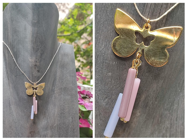 Z-Collier papillon doré et tube en verre dégradé de rose monté sur fil de lin avec chaîne d&#039;extension 