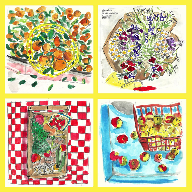 Lot 4 cartes postales "Retour de marché"