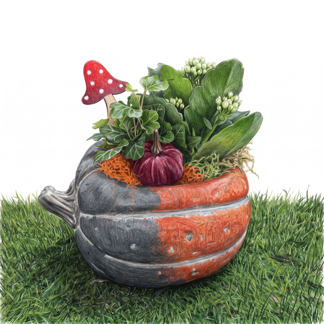 Potiron d’automne végétalisé — Kalanchoé &amp; décorations sous-bois