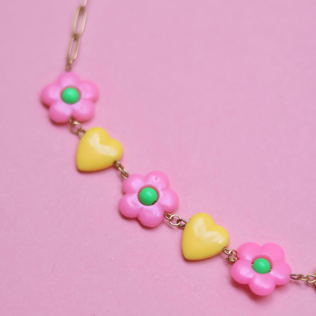 Collier Coeurs Jaunes &amp; Fleurs Roses