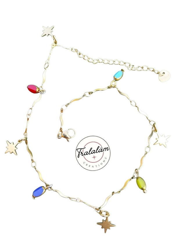 ✨Bracelet de cheville doré étoiles polaires et perles de verre multicolores✨(12CHE)