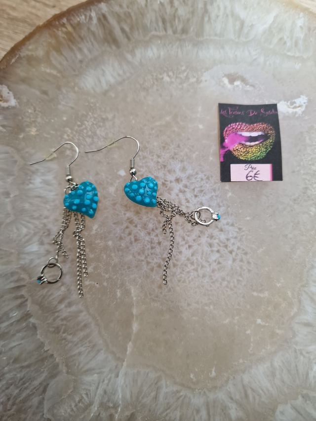 Boucles D'oreilles Argentées Fraise Bleu Bague Argenté Strass