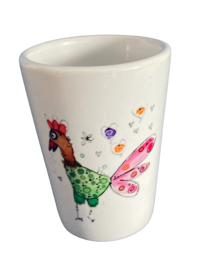 Schnapsglas Keramik "Huhn grün/rosa"