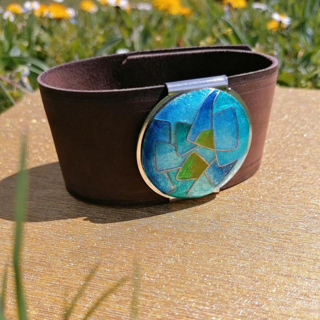Bracelet Manchette en Cuir et Émail Cloisonné d'Argent