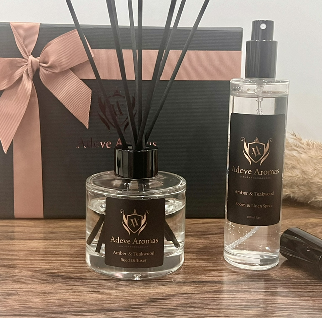 Amber &amp; Teakwood Luxury Reed Diffuser &amp; Room Spray Gift Set  