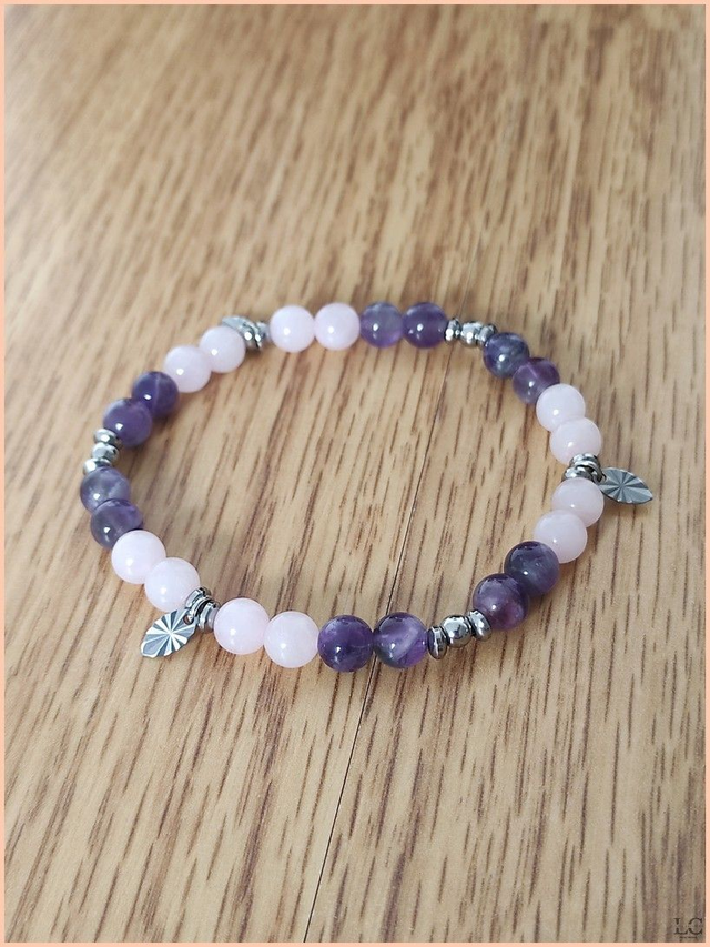 Bracelet 6mm avec breloque - Améthyste et Quartz rose