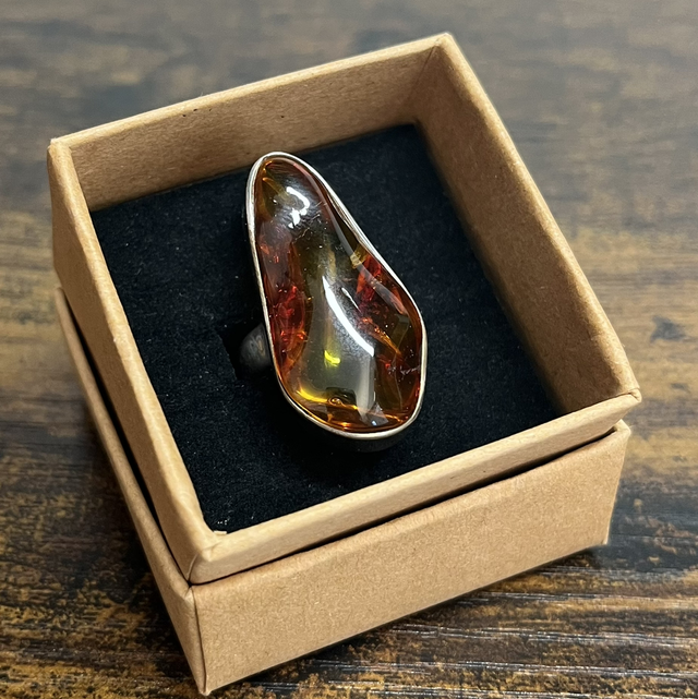 Bague en argent et Ambre - Taille 54 réglable 