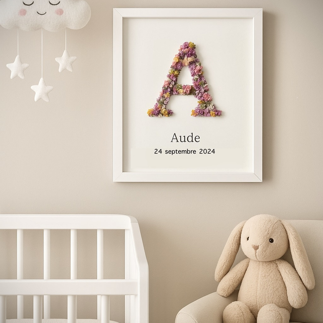 Lettre Florale (coloris au choix)+prénom                  encadrée              