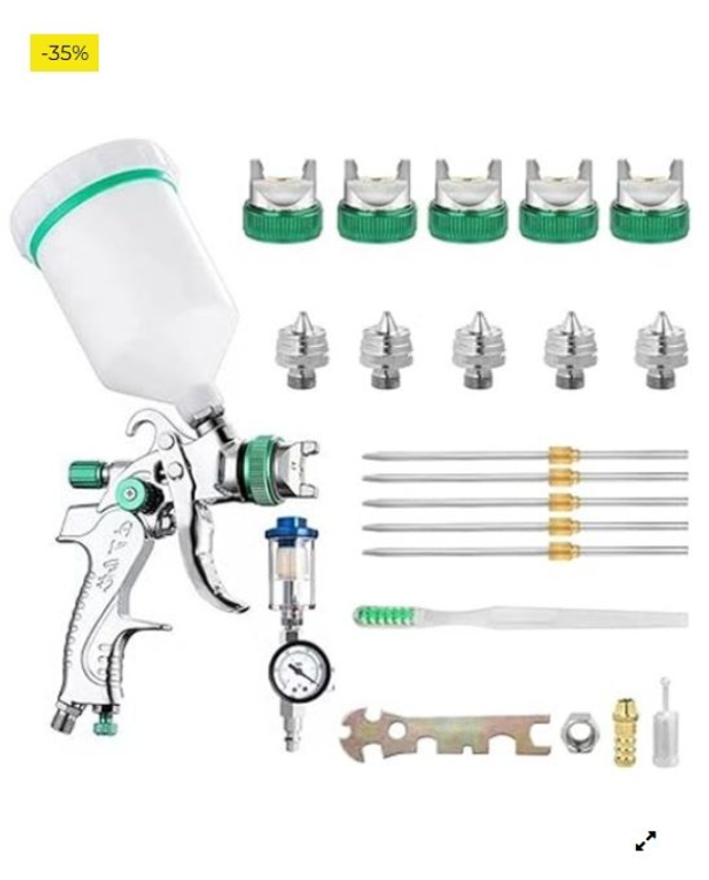 HVLP Pistola de Pintura, con 5 boquillas 1,4/1,7/2,0/2,5/3,0mm y regulador de presión de Aire, Pulverizador de Pintura 600ml 